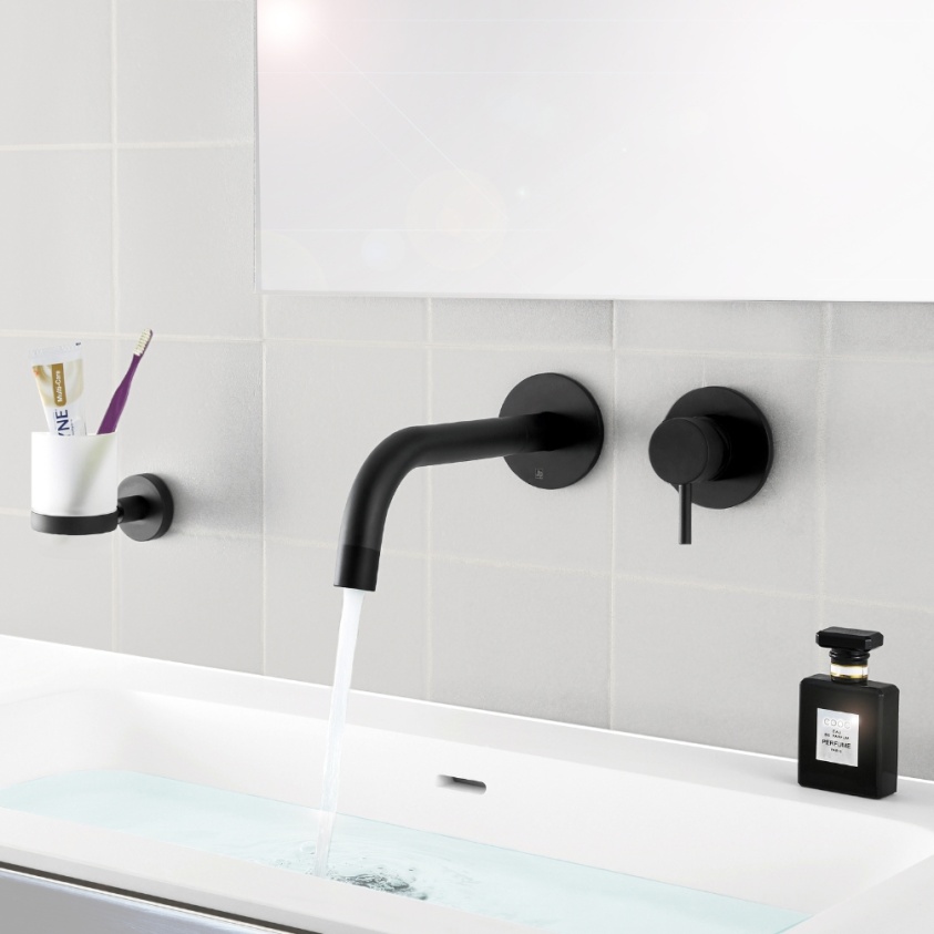 Product Lifestyle image of the JTP Vos Matt Black Single Lever Wall Mounted Basin Mixer